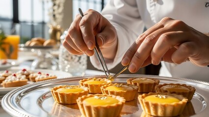 Pastry Chef Decorating Mini Lemon Tarts.