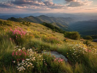 Obraz premium Rolling mountain landscape at sunset with a meadow of colorful wildflowers and tall grasses mountains
