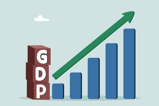 GDP (Gross Domestic Product), import or export for national income growth, stock market profit value, annual percentage value report concept, GDP word on block with growth chart.