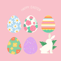 Easter egg set with minimal bunny vector illustration