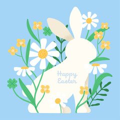 Easter bunny with daisies and clovers minimal vector illustration