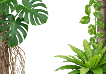 Detailed close-up of lush tropical foliage including Monstera, Bird's Nest Fern, Pothos, aerial roots, and tree trunks, forming a frame against transparent background with copy space, clean commercial