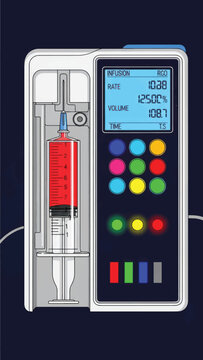 Electronic hospital infusion pump with intravenous line and color display used for patient therapy and medication administration.
