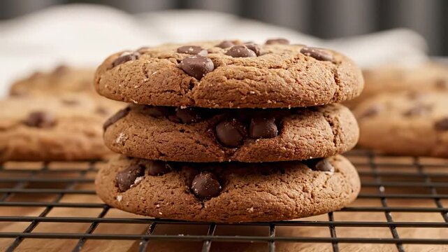 A stack of three, freshly baked, chocolate chip cookies on a wire rack, with other cookies blurred