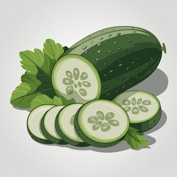 fresh green cucumber slices with leaves illustration