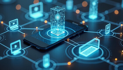 Smartphone with digital hologram and data visualization projecting from the screen