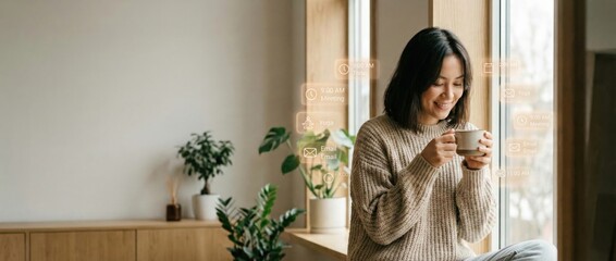 Smiling woman enjoying morning coffee by window with floating smart schedule interface representing digital balance and calm