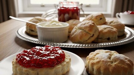 Scones with Jam and Cream on Table.