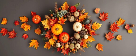 Autumn bounty adorns a festive circular display of natural elements for holiday decor,  wreath,  craft
