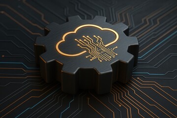 Cloud Computing Cog: A metallic cogwheel bearing a cloud-shaped emblem intertwined with circuit board imagery, suggesting a robust and technologically advanced cloud computing platform. 