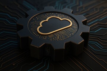 Cloud Computing cogwheel Icon: A meticulously crafted 3D rendering showcases a cogwheel integrating a cloud icon, symbolizing the core of data storage and processing in the digital age.
