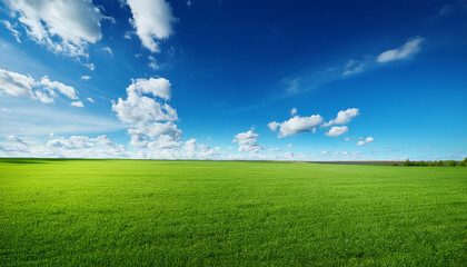 Fototapeta premium Vast Expanse Of Green Grass Field Under A Clear Blue Sky With A Few Clouds In The Distance
