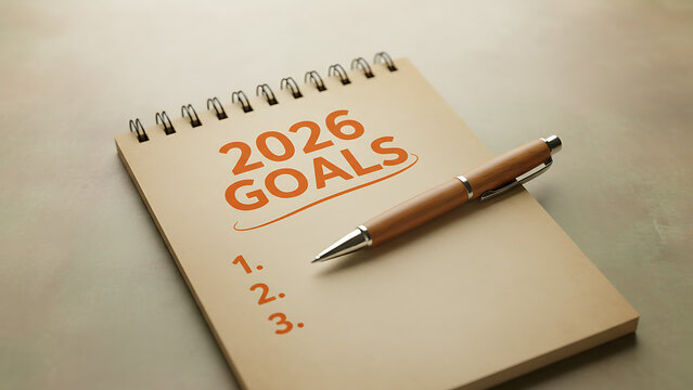 2026 goals list in a notebook with pen, setting New Year goals and resolutions, New Year / business planning and resolutions
