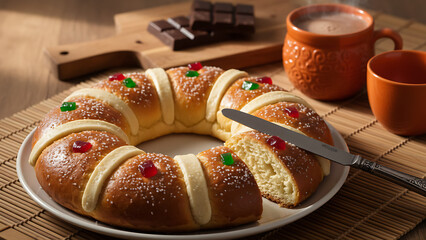 Rosca de Reyes, also called Three Kings Bread, Roscon, Epiphany Cake, traditionally served with hot chocolate in a clay Jarrito. Mexican tradition on January 5th. Mexican Holiday King Bread / Dessert