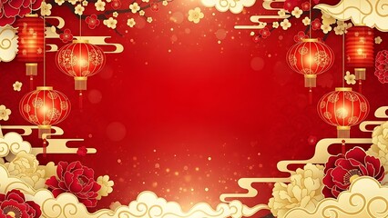 Vibrant Red Asian Festive Background with Traditional Hanging Lanterns, Golden Clouds, and Blooming Flowers for Celebrations