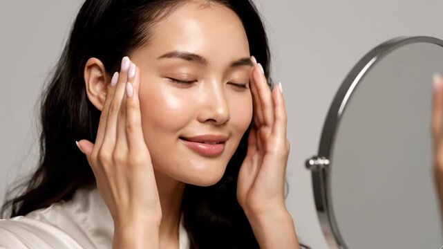 A woman gently touches her face, looking in a round mirror. Her skin glows