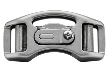 Grey metal quick-release buckle fastener isolated on a transparent background