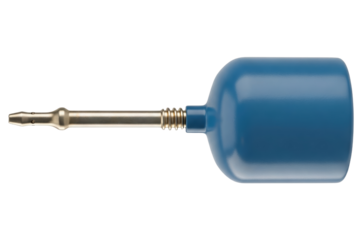Blue handheld air blower with silver metal nozzle tip isolated on a transparent background