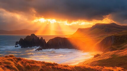 Golden sunbeams pierce through dramatic clouds over a rugged coastline, illuminating crashing ocean waves, a sandy beach, and grassy cliffs at sunset.