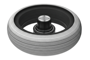 Grey industrial rubber wheel with grooved tread pattern isolated on a transparent background