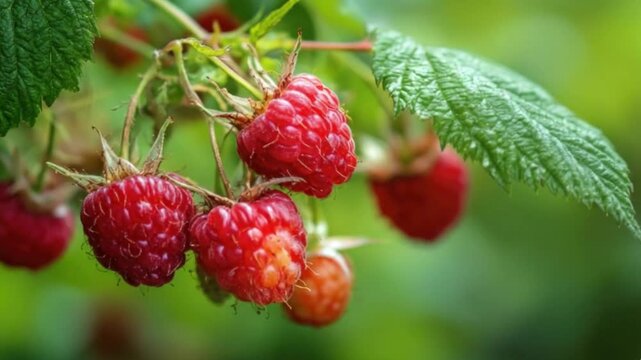 A vibrant close-up shot captures a cluster of fresh, ripe red berries hanging delicately from a lush green plant. The rich, ruby-red fruits stand out against the soft, blurred emerald foliage in the b