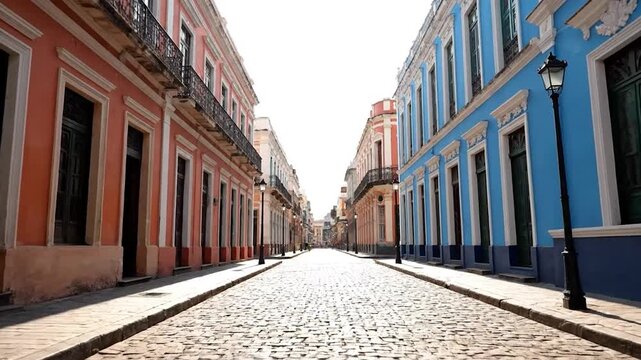 A cobblestone street bordered by vibrant, colorful buildings under a bright sky