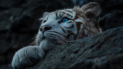White tiger with striking blue eyes peeking over a rock, powerful paw visible in a close-up wildlife portrait.