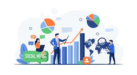 Vibrant digital marketing and social media strategy scene with a dedicated team analyzing data, global market trends, and driving business growth