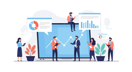 A dynamic business analytics scene illustrating diverse professionals collaborating on data interpretation and strategic planning for organizational growth and efficiency