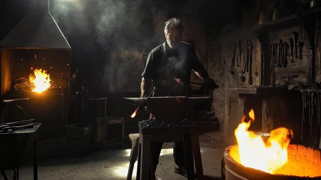 Blacksmith shaping metal in a fiery forge with intense flames