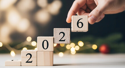 Hand placing wooden block with number 6 to form 2026 image