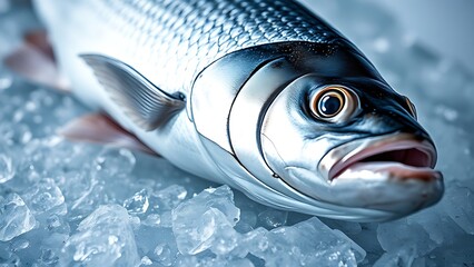 seabass. Close-up of fresh sea bass on ice, its glistening scales highlighted in cool blue tones. menu design, packaging mockups, designed for culinary blogs and recipe cards for restaurants.