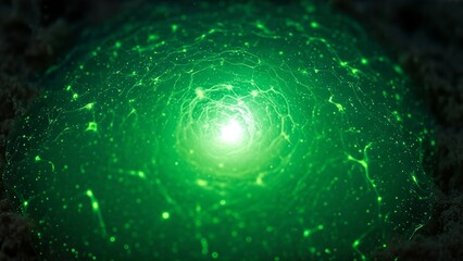 Glowing green energy core radiating through a complex digital network structure.