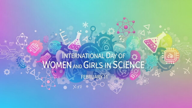 International day of women and girls in science banner with colorful science symbols - Powered by Adobe