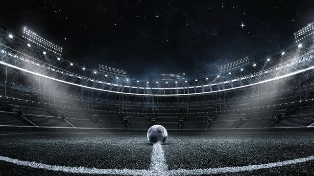 soccer stadium interior with bright floodlights and cheering crowd surrounding center field with ball on grass for world football match animated backdrop 