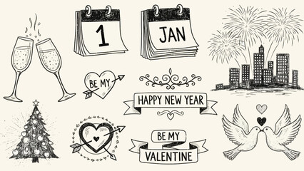新年とバレンタインデーを祝うための手描きのイラスト集、カレンダー、シャンパングラス、ハート、鳩、クリスマスツリー、花火、都市のシルエット。.