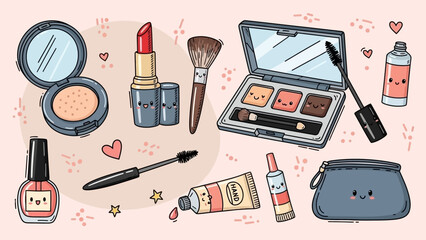 かわいい化粧品のイラストセット：リップ、マスカラ、アイシャドウパレット、チーク、ネイルポリッシュ、ブラシ、ポーチなど.