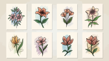水彩画風のボタニカルイラストレーション、様々な種類の花々が描かれたセット.