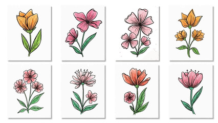 水彩画風の様々な種類の花を描いたイラストセット.