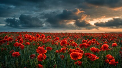 Vibrant field of red poppies under a dramatic stormy sunset sky with dark clouds poppy flower