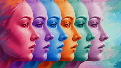 Fototapeta premium A vibrant artistic representation showcasing the diverse spectrum of human identity through multiple colorful female profiles, emphasizing individuality and emotional depth