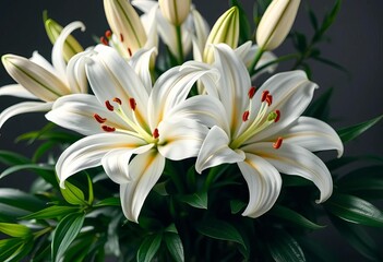 Fototapeta premium Elegant bouquet of pristine white lilies, lush green foliage, photography, elegant