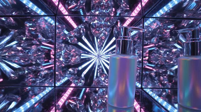 Iridescent cosmetic pump bottle for woman treatment reflected in a vibrant, neon infinity mirror display.