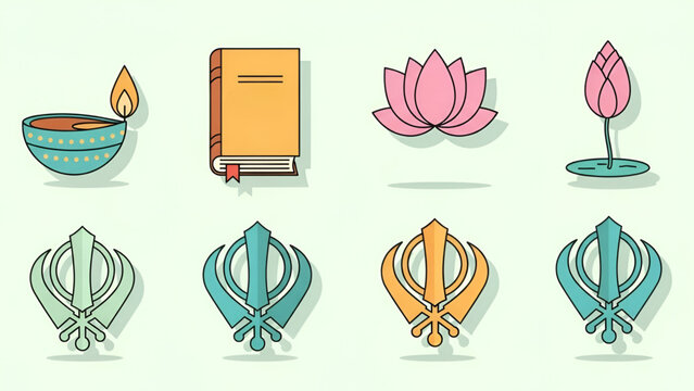 Religious spiritual icon set illustration showing sacred lamp holy book lotus flower and Sikh symbol for faith education devotion and cultural design use