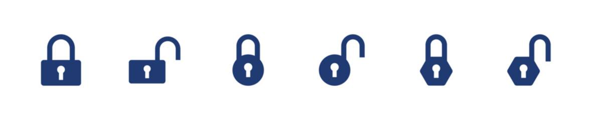 Lock icon set. Security access protection authentication open close. Solid icon collection.