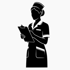 A female nurse in a black uniform holding a clipboard
