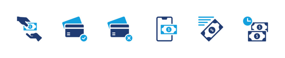 Payment status icon set. Transaction approval pending failure refund confirmation. Solid icon collection.