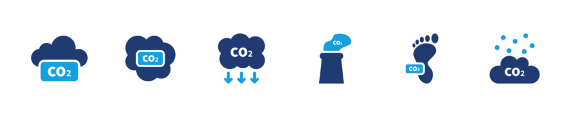 Carbon emission icon set. CO2 pollution factory industry climate impact. Solid icon collection.