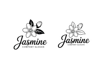 Black and white jasmine flower logo with script text and placeholder slogan floral botanical