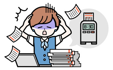 業務過多でパニックになる女性事務員のイラスト